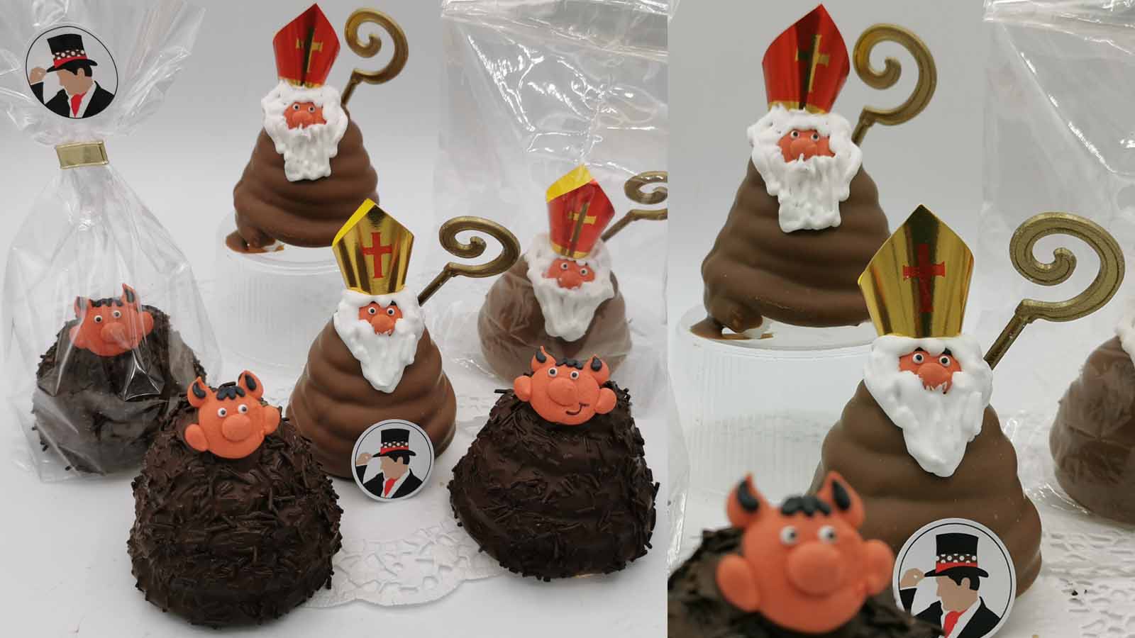 Krampus und Nikolaus, hergestellt aus Windbäckerei, überzogen mit Schokolade (Nikolaus mit Vollmilchschokolade, Krampus mit Zartbitterschokolade überzogen). Die handdressierten Köpfe bestehen aus gefärbter Spritzglasur. Der Krampus ist mit dunklen Streuseln und der Nikolaus mit Bischofsmütze und Nikolausstab dekoriert.