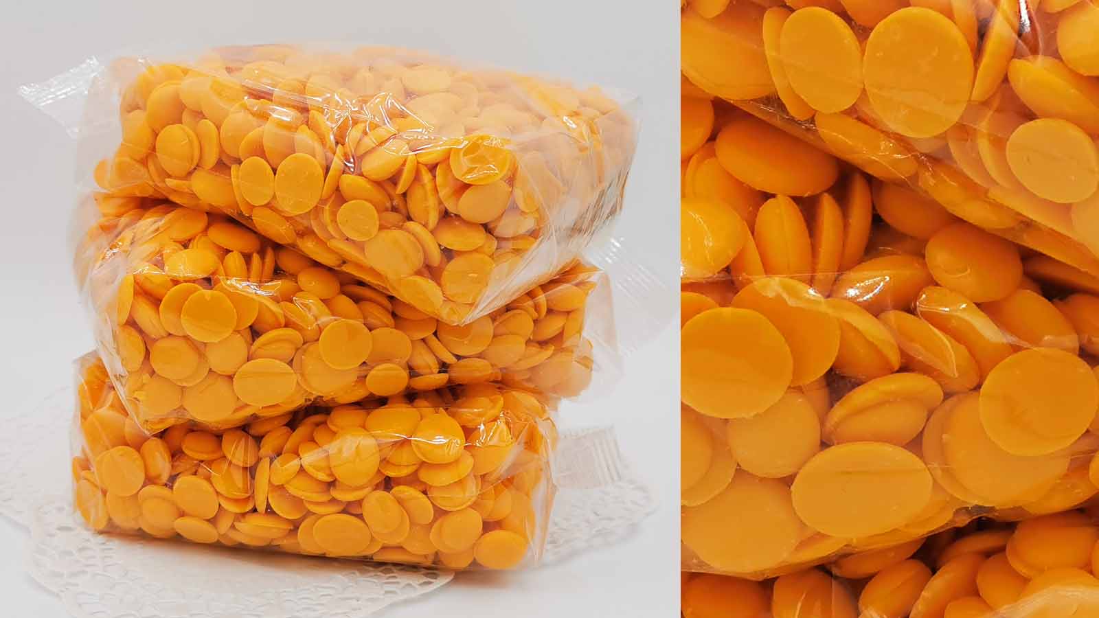 Orange Glasur (Orangengeschmack) Pflanzliche Fettglasur in kräftigem Orange gefärbt mit Orangengeschmack. Feste Drops zum aufschmelzen.