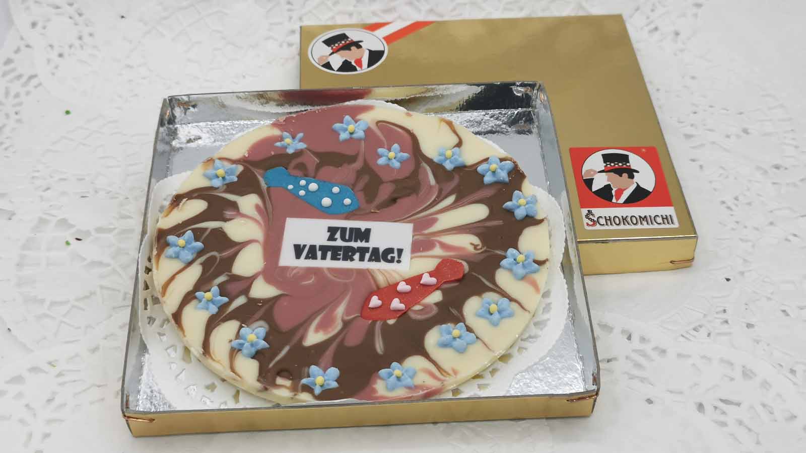 Schokomichi Scheiben aus zum Vatertag Handgezogene Scheibe aus Schokolade zum Vatertag.